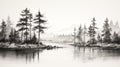 Black And White Sketch Of Pine Trees Along Water Royalty Free Stock Photo