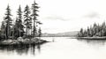 Black And White Sketch Of Pine Trees Along Water Royalty Free Stock Photo