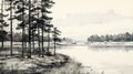 Black And White Sketch Of Pine Trees Along Water