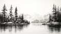 Black And White Sketch Of Pine Trees Along Water Royalty Free Stock Photo