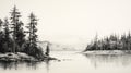 Black And White Sketch Of Pine Trees Along Water Royalty Free Stock Photo