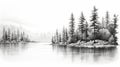 Black And White Sketch Of Pine Trees Along Water Royalty Free Stock Photo