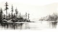 Black And White Sketch Of Pine Trees Along Water Royalty Free Stock Photo