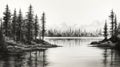 Black And White Sketch Of Pine Trees By The Lake Royalty Free Stock Photo