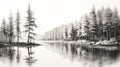 Black And White Sketch Of Pine Trees Reflecting On Calm Waters