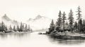 Black And White Sketch Of Pine Trees By Water