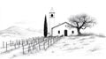 Black and White Sketch of a Tranquil Rural Landscape with Stone Building Royalty Free Stock Photo