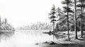 Serene Black And White Forest Drawing By The Water