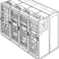 Black and white sketch of a server room with a row of four server racks. Each rack is Royalty Free Stock Photo