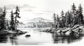 Black And White Digital Painting: Serene Lake With Pine Trees Royalty Free Stock Photo