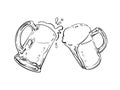 Sketch of two toasting beer mugs. Cheers. Clinking glass tankards. Hand drawn vector illustration. Royalty Free Stock Photo