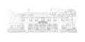 Black and white sketch, wedding venue, architecture. Vector illustration with style mansion, big tree in front of it