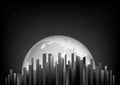 Black and white skyscrapers on the background of full moon and night sky, horizontal vector illustration Royalty Free Stock Photo