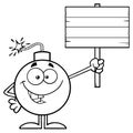 Black And White Smiling Bomb Cartoon Mascot Character Holding A Wooden Blank Sign.