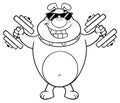 Black And White Smiling Bulldog Cartoon Mascot Character With Sunglasses Working Out With Dumbbells.