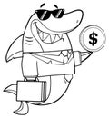 Black And White Smiling Business Shark Cartoon Mascot Character In Suit, Carrying A Briefcase And Holding A Dollar Coin Royalty Free Stock Photo