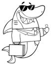 Black And White Smiling Business Shark Cartoon Mascot Character In Suit, Carrying A Briefcase And Holding A Thumb Up Royalty Free Stock Photo