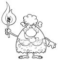 Black And White Smiling Cave Woman Cartoon Mascot Character Holding Up A Fiery Torch