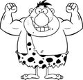 Black And White Smiling Caveman Cartoon Character Flexing