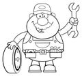 Black And White Smiling Mechanic Cartoon Character With Tire And Huge Wrench