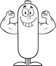 Black And White Smiling Sausage Cartoon Character Flexing