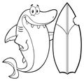 Black And White Smiling Shark Cartoon Mascot Character With Surfboard Royalty Free Stock Photo