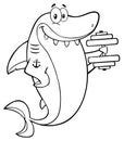Black And White Smiling Shark Cartoon Mascot Character Training With Dumbbells.