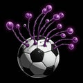 A black and white soccer ball with hexagonal patterns is depicted with long, purple Royalty Free Stock Photo