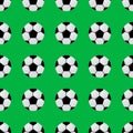 Black and white soccer balls on green seamless pattern. Football vector background. Sport competition theme cartoon style Royalty Free Stock Photo