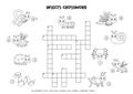 Black and white space crossword for kids with cute smiling insects.