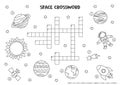 Black and white space crossword for kids with solar system planets, sun, rocket.