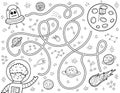 Black and white space maze for kids. Help a cute boy astronaut find way to the Moon Royalty Free Stock Photo