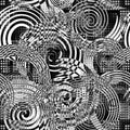 Black and white spiral shapes and circles seamless pattern. Halftone checkered mosaic background. Vector repeat grid backdrop.