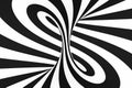 Black and white spiral tunnel. Striped twisted hypnotic optical illusion. Abstract background.