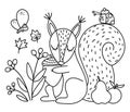 Black and white squirrel with acorn insects, fruits. Vector outline autumn scene with adorable animal. Fall season woodland Royalty Free Stock Photo