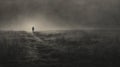 Moody Black And White Painting: Lone Figure In Impressionistic Landscapes