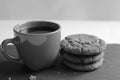 black and white still life a Cup of coffee with a stack of homemade oatmeal cookies and sugar cubes on a white background