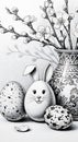 Easter bunny and decorated eggs with spring branches in a vintage vase black and white still life Royalty Free Stock Photo
