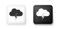 Black and white Storm icon isolated on white background. Cloud and lightning sign. Weather icon of storm. Square button Royalty Free Stock Photo
