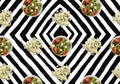 Black and white stripe background plate salad tomatoes arugula chrysanthemum flowers