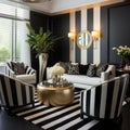 Black and white striped corner sofa and barrel chairs. Hollywood glam style interior design of modern living room Royalty Free Stock Photo