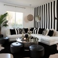 Black and white striped corner sofa and barrel chairs. Hollywood glam style interior design of modern living room Royalty Free Stock Photo