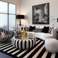 Black and white striped corner sofa and barrel chairs. Hollywood glam style interior design of modern living room Royalty Free Stock Photo