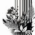 Black and white striped floral vector pattern background illustration. Blossom exotic flowers, leaves, branches, feathers, Royalty Free Stock Photo