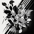 Black and white striped floral vector pattern background illustration. Blossom tropical flowers, leaves, branches, splatters. Royalty Free Stock Photo