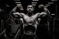 Black and white of strong young bearded athlete male showing double biceps pose in dark night sport gym Royalty Free Stock Photo