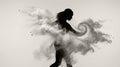 Dynamic dancer silhouette surrounded by an exploding powder cloud. Abstract black and white art. Color of the year 2026 trend Royalty Free Stock Photo