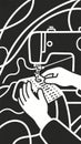 Modern sewing machine icon with hands guiding fabric, a minimalist design in monochrome 8K Royalty Free Stock Photo