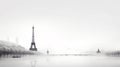 Black and white stylized sketch drawing of Paris Eiffel Tower large view with subtle white fog