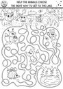 Black and white summer camp maze for children. Active holidays outline preschool printable activity. Family nature trip labyrinth